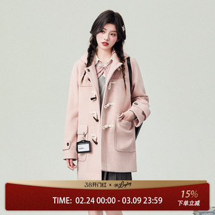 花铃太太jk学院风牛角扣长款大衣夹棉秋冬2026女粉色时尚连帽毛呢