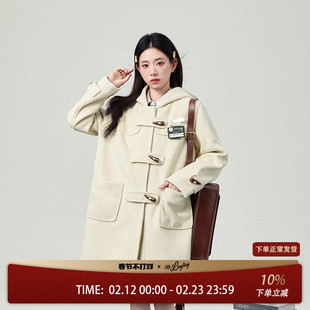 花铃太太jk学院风秋冬新款韩系甜美风长款牛角扣夹棉大衣毛呢外套