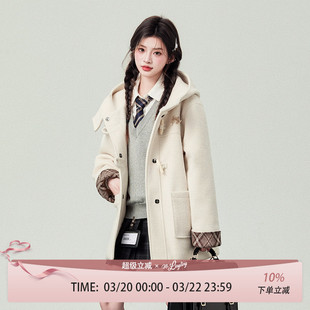 花铃太太学院风牛角扣短款jk制服毛呢外套女生2026冬连帽大衣夹棉