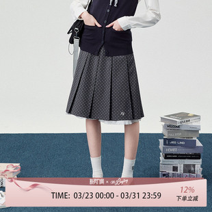 花铃太太春款 jk制服半身裙深灰色校供感波点花边箱褶高腰长裙套装