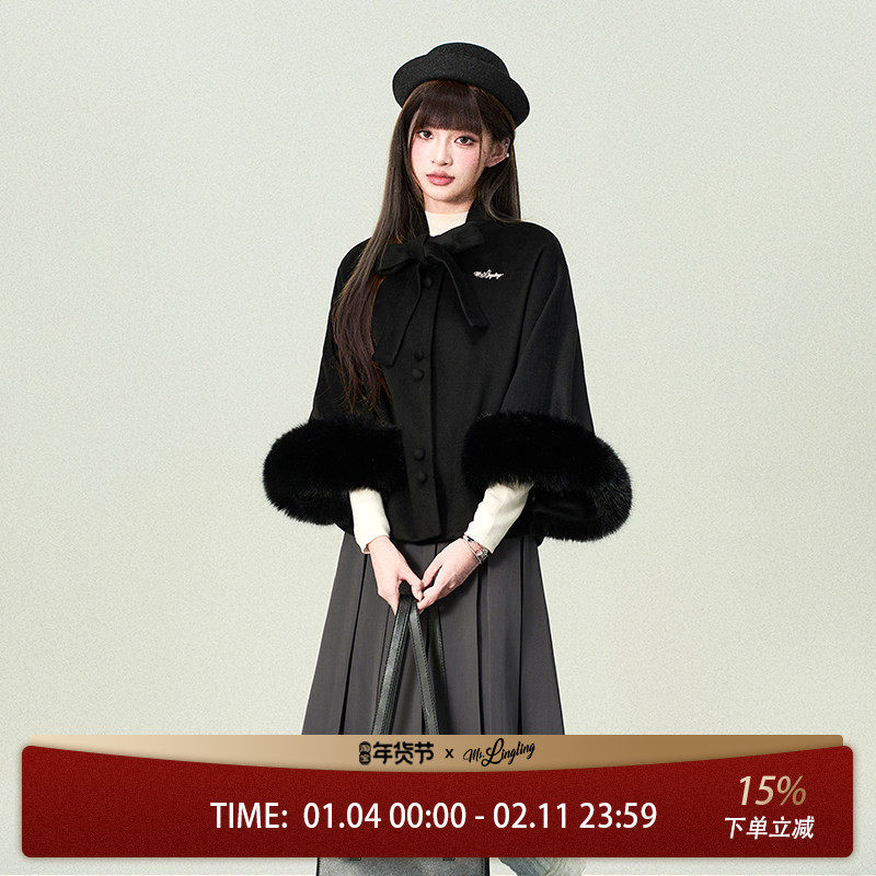花铃太太学院风黑色斗篷外套女千金风毛茸茸外衣秋冬款小个子套装,女装/女士精品,时尚套装,淘宝优惠券,粉丝福利购,淘宝优惠卷