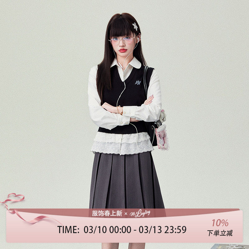 花铃太太原创jk制服女款时尚春季修身格雷系校供感千金风蕾丝套装