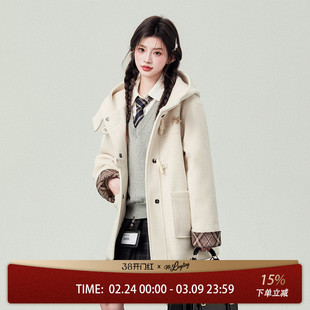 花铃太太学院风牛角扣短款jk制服毛呢外套女生2026冬连帽大衣夹棉