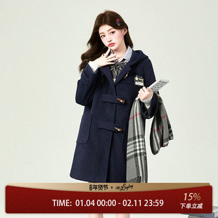 花铃太太jk牛角扣大衣女款秋冬夹棉学院风小个子长款绀色百搭毛呢