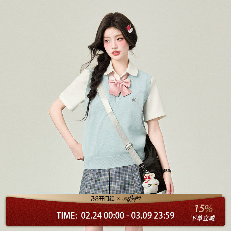 花铃太太哲之道针织马甲春款毛衣针织短袖蓝色背心女jk制服套装