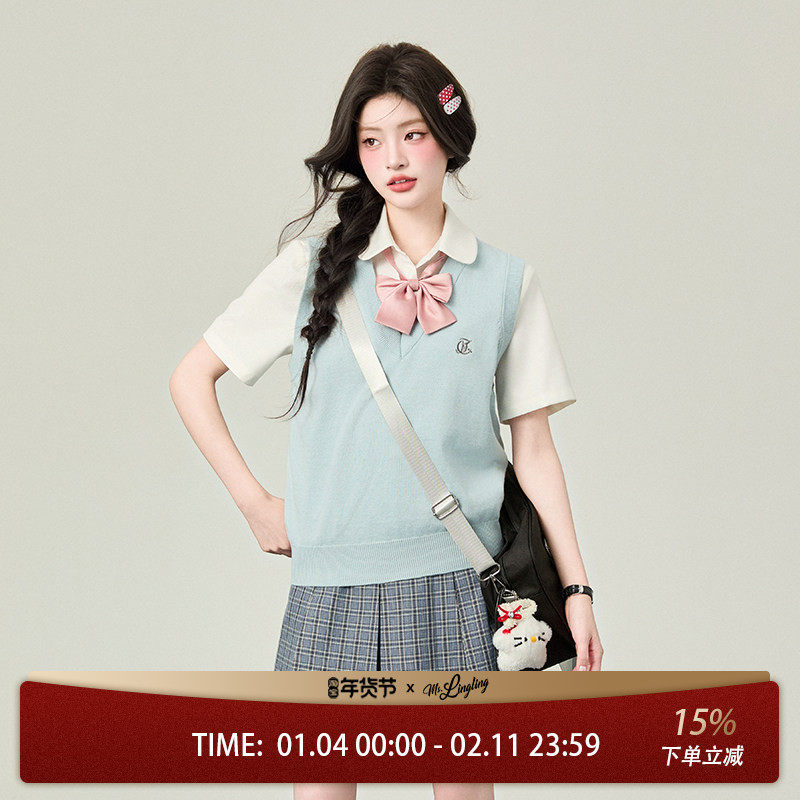 花铃太太哲之道针织马甲春款学院风毛衣针织短袖蓝色背心女jk制服