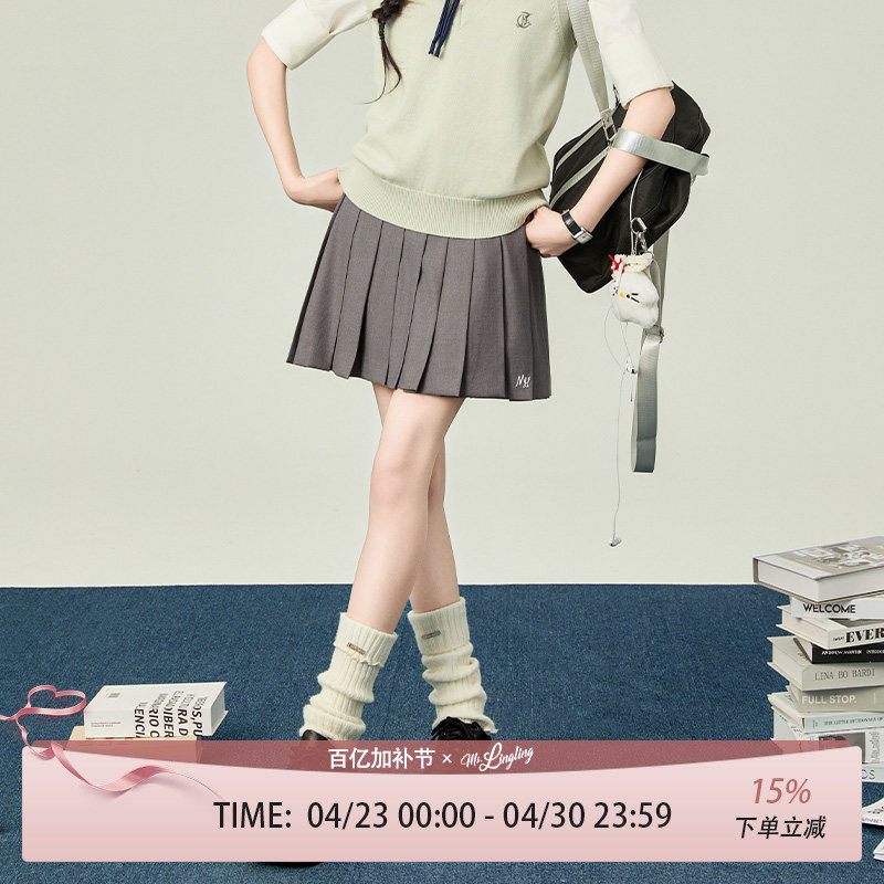 花铃太太新款校服半裙绀色轮褶裙2026夏季学院风短裙纯色裙子长款