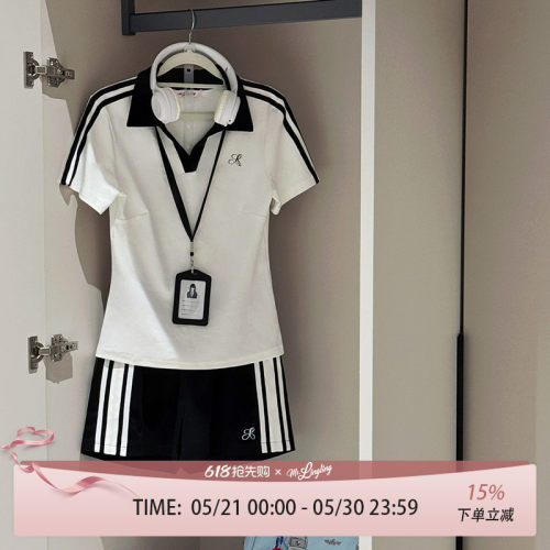 花铃太太逐夏体操服原创学院风翻领撞色短袖运动服上衣短裤套装女