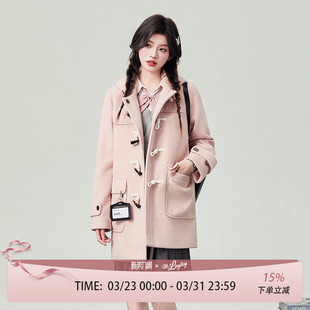 花铃太太jk学院风牛角扣长款 连帽毛呢 大衣夹棉秋冬2026女粉色时尚