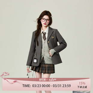 花铃太太原创西服jk制服套装学院风西装深灰校供女春收腰高级外套