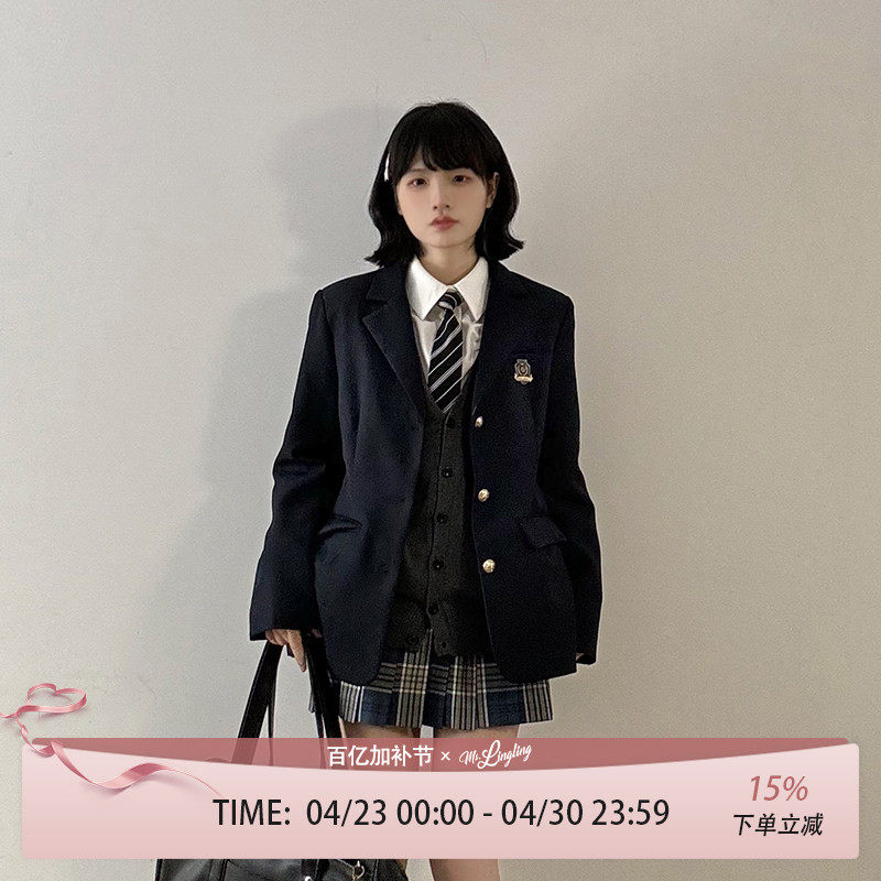 藏蓝色西装外套女春季英伦学院风原创JK制服校供学生班服西服上衣