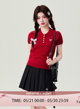 花铃太太新品jk红色修身polo衫女针织短袖衬衫T学院风校供感套装