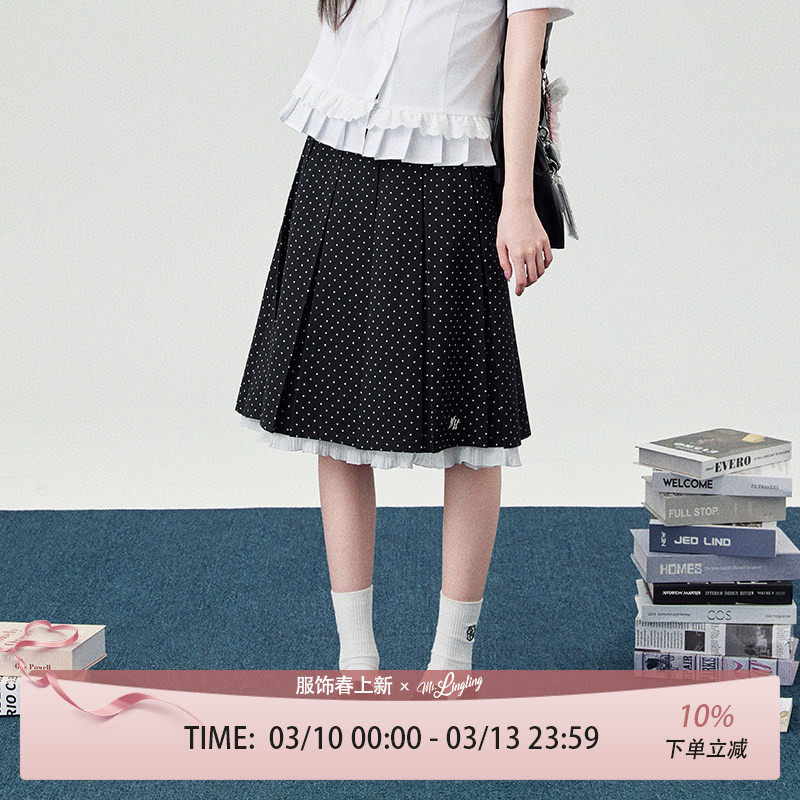 花铃太太春款jk制服女高腰半身裙黑色校供感波点花边箱褶长裙套装
