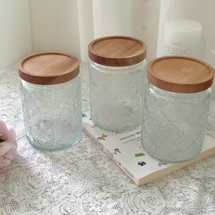 ins风浮雕玻璃密封罐三件套 实木盖杂粮储物罐 厨房收纳罐零食罐