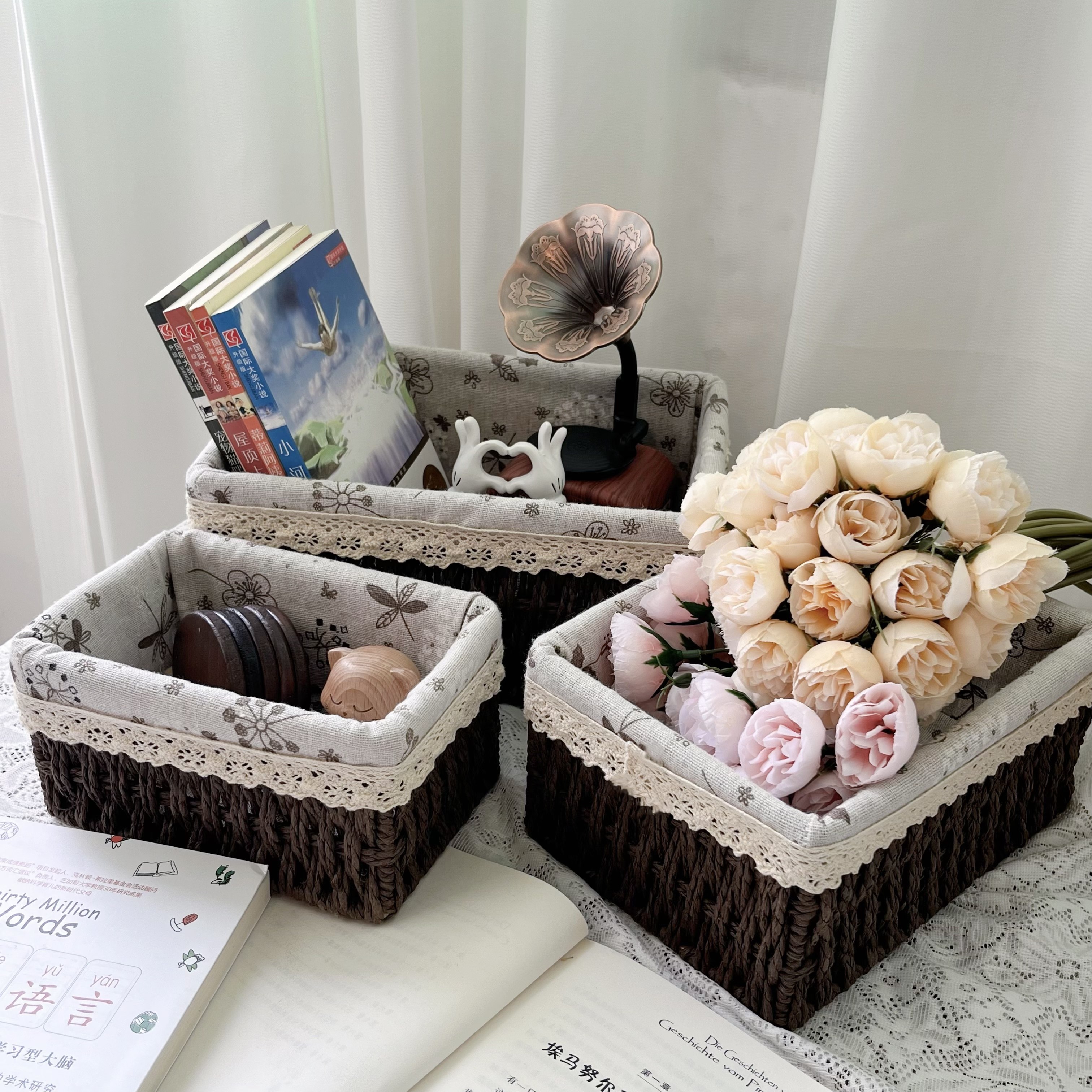 田园风收纳篮三件套 小中大号浅咖/深咖双色 蕾丝布艺杂物整理篮