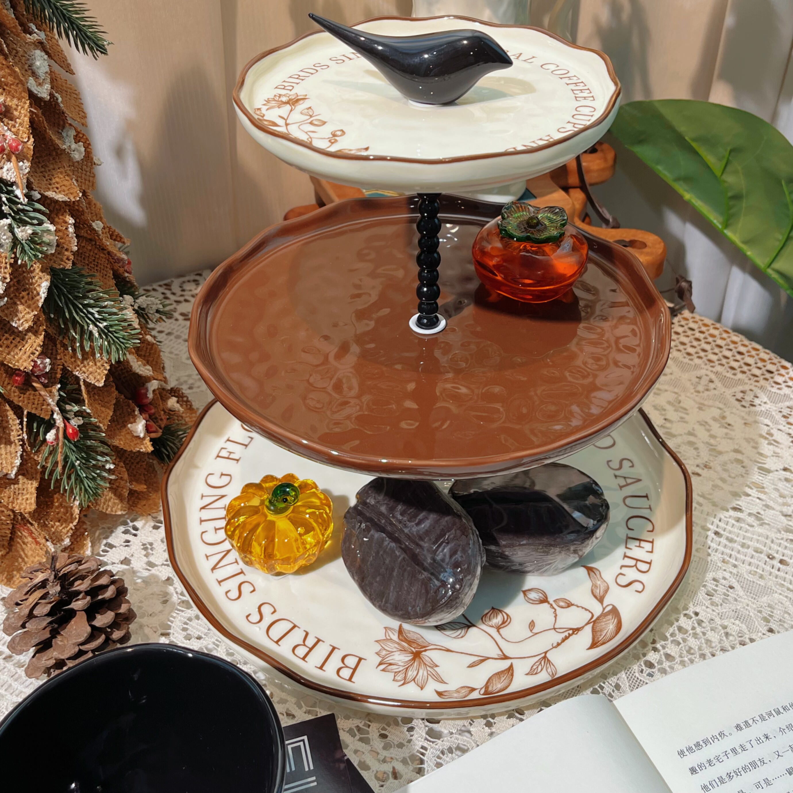 中古风高颜值陶瓷花鸟多层收纳架/蛋糕甜品架,餐饮具,餐用托盘,淘宝优惠券,粉丝福利购,淘宝优惠卷