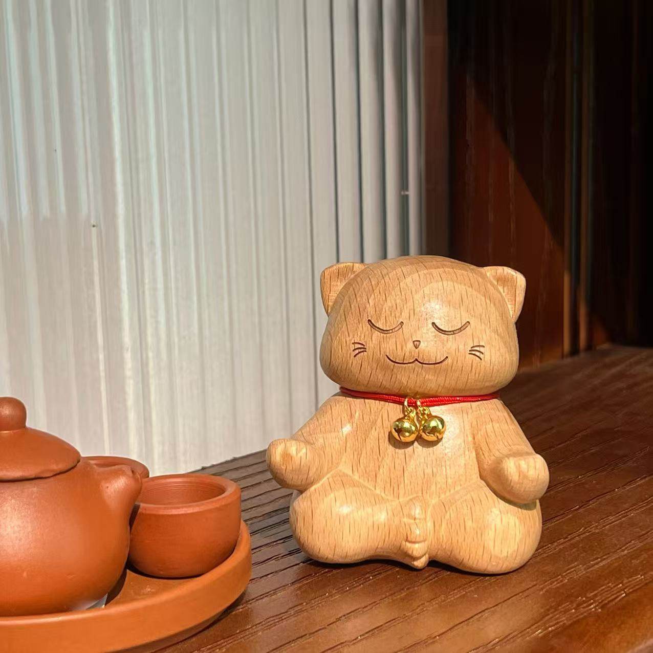 胡桃木招财猫/打坐猫摆件，6×6×6高