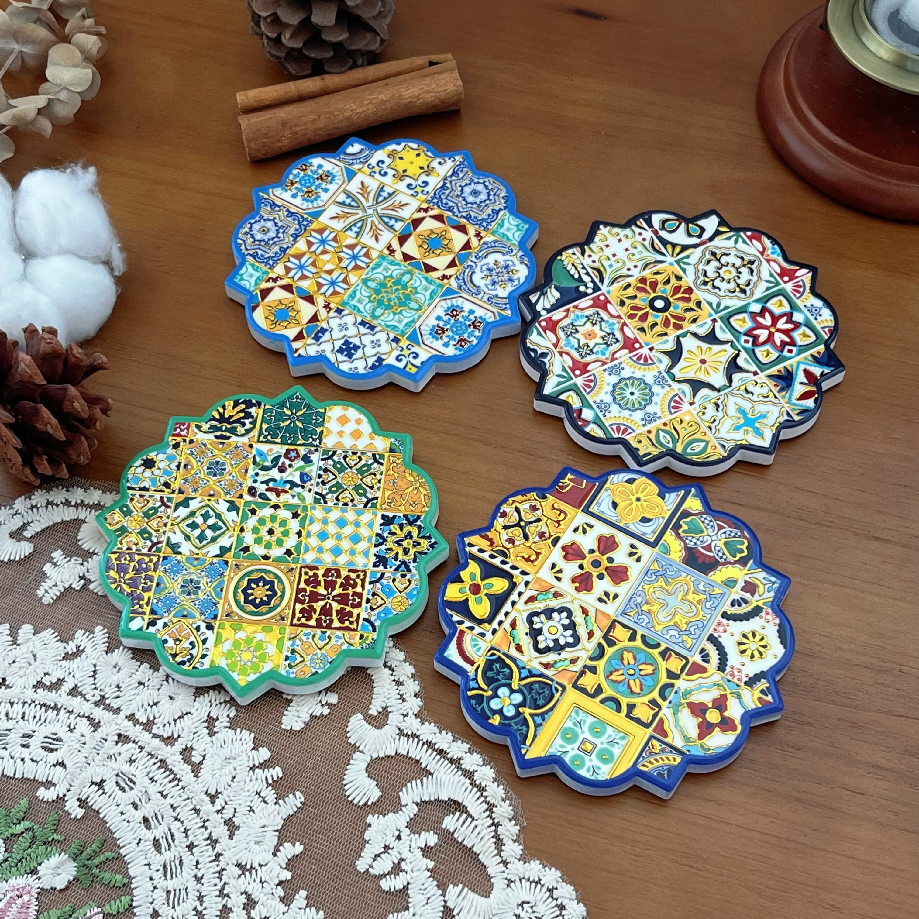 复古花砖烫金隔热垫套装 4片装 方形圆形组合  陶瓷杯垫,居家布艺,杯垫,淘宝优惠券,粉丝福利购,淘宝优惠卷