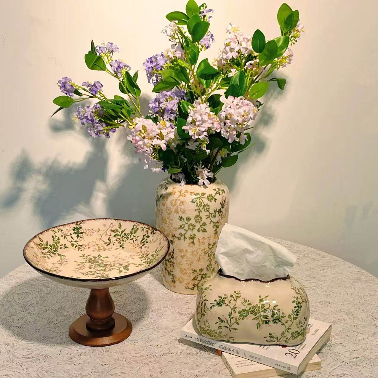 法式乡村风绿植碎花陶瓷花瓶/纸巾盒/托盘 家居装饰摆件