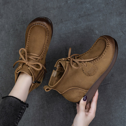 头层牛皮复古秋冬新款女短靴真皮博肯低筒高帮女单靴厚底防滑舒适