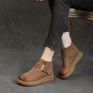 勃肯短靴头层牛皮休闲高帮新秋冬季加绒平跟厚底复古文艺短筒女鞋