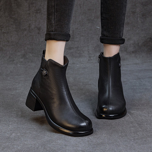 头层牛皮粗跟软底防滑短筒女皮靴