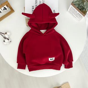 儿童安可拉红色加绒卫衣宝宝秋装男女童洋气上衣小孩秋冬季小童装