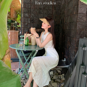 心系波西米亚 FAN 新款 度假感气质窄肩亚麻针织连衣裙