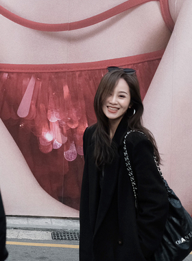 FAN 冬新品【高贵气场】经典大气黑色1oo%羊毛呢大衣长款外套