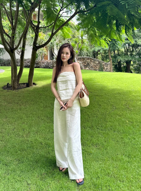 FAN 夏季新品【老钱亚麻裤】舒适自在的斜纹理白色宽松亚麻裤