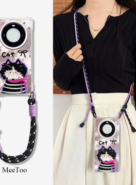 新款粉色涂鸦猫咪华为mate60pro手机壳斜挎可背适用苹果16PROMA手腕带挂绳pura70pro四角防摔OPPOfindX7硬壳