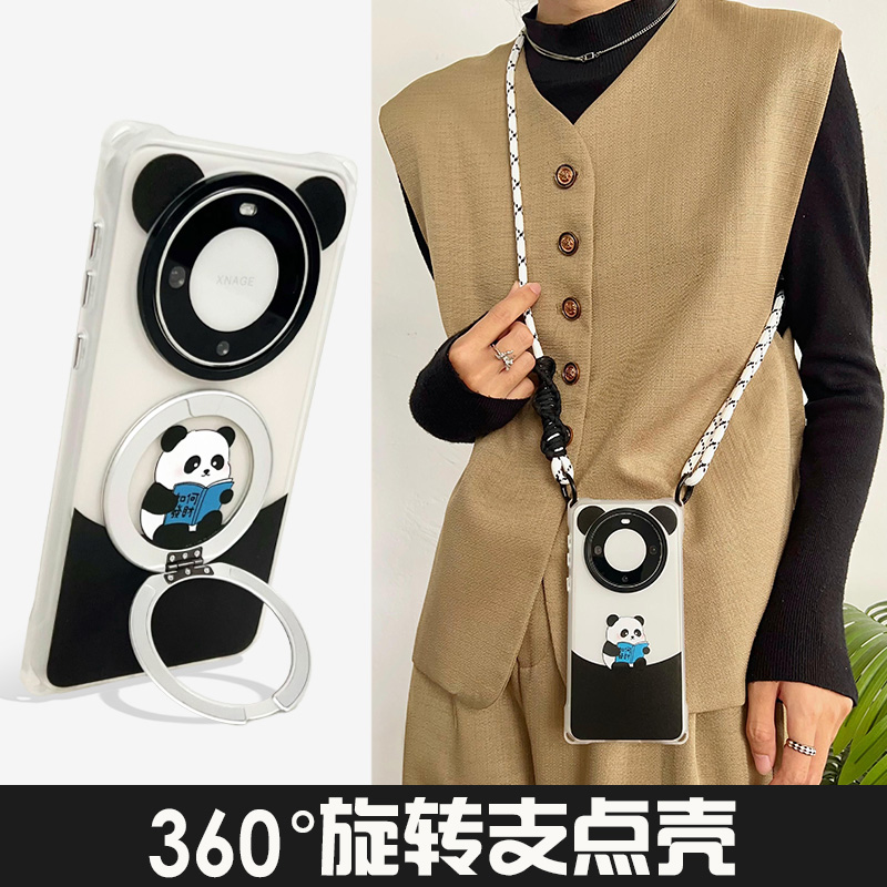 卡通熊猫旋转磁吸支架手机壳带挂绳适用华为mate70pro+小米15ULTRA防摔斜挎可背MATE60四角开孔vivoX200硬壳