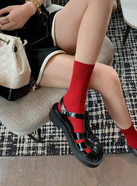 2024红袜子本命年女棉经典条纹复古中筒春秋四季纯色小腿长袜新年