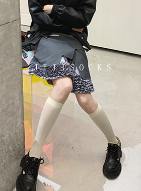 mona同款米白色黑色半截小腿中筒袜春秋日系jk制服长筒过膝天鹅绒