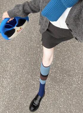 小红书同款网红ins百搭蓝色拼接中筒韩版高筒小腿长筒袜潮女春秋