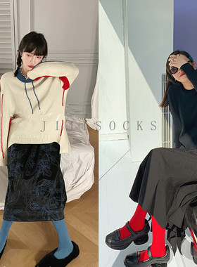 新品mona网红同款春秋复古孔雀蓝色大红色纯色中筒小腿棉袜潮ins