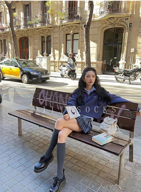 ins春秋棕色深灰小腿袜JK双针学院风黑色竖条网红纯色长筒压力袜