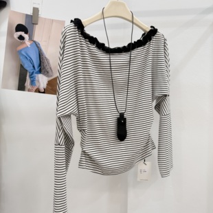 欧洲站2026秋季新款欧货时尚圆领拼接木耳边条纹长袖T恤女上衣潮