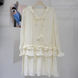 欧洲站2026春季新款韩版时尚V领荷叶边长袖衬衫连衣裙森系连衣裙