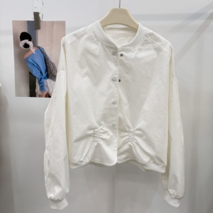 欧洲站2026春季新款欧货时尚圆领褶皱单排扣短款外套女宽松上衣潮