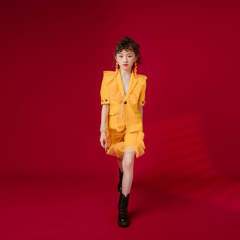 马卡龙橘色演出服模特t台走秀唱歌跳舞钢琴西装男女同款礼服租赁