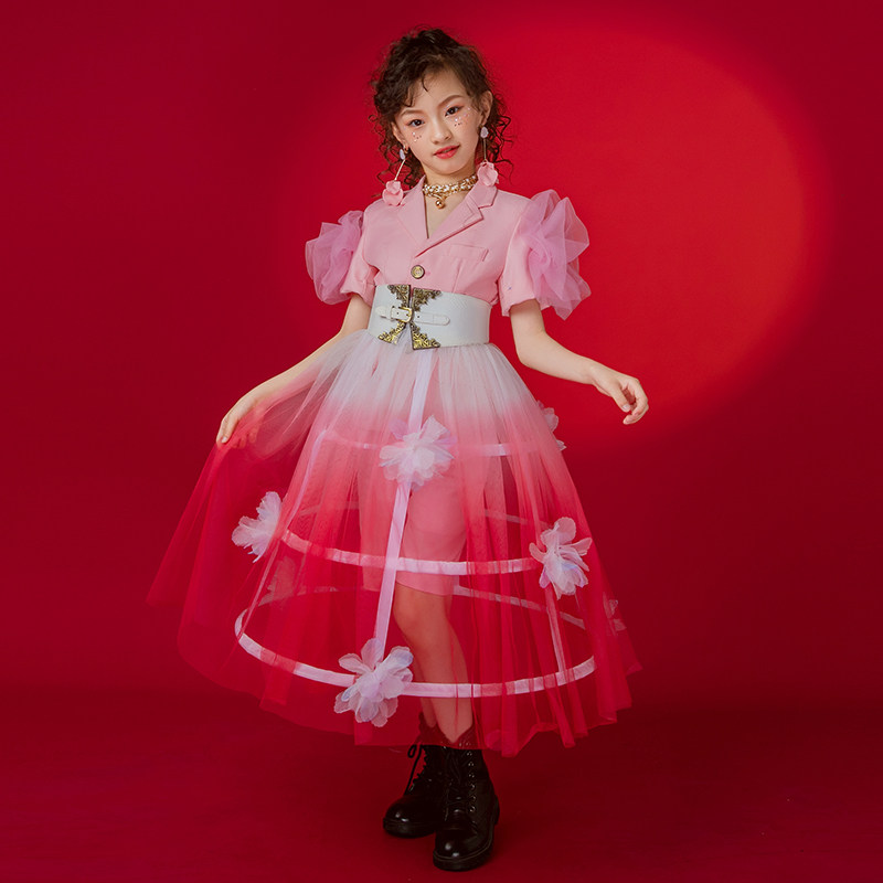 芭比粉花朵女童公主裙模特T台演出服夸张裙撑礼服主持唱歌仙气租
