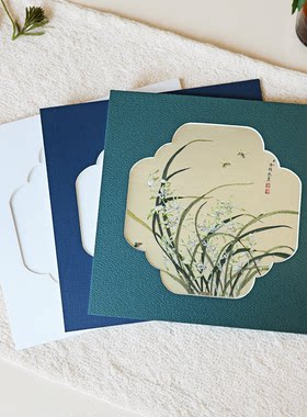 卡纸相框中式花型海棠花绣球花卡纸刺绣国画新中式白色卡纸装裱