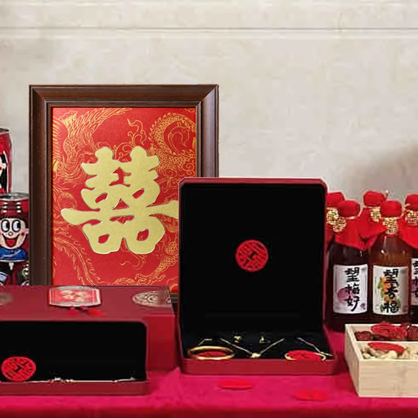 喜庆铜雕双喜备婚桌面摆件中式