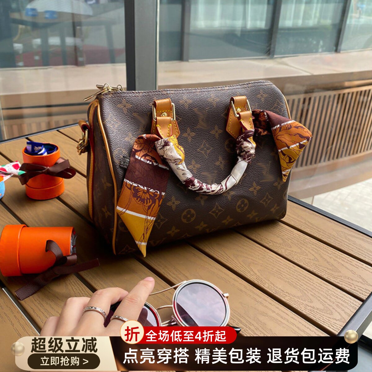 适用于lv饭桶包彩虹真丝绑包丝巾手提包缠带女蚕丝装饰围巾长领巾
