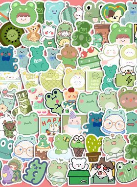 ins可爱小熊兔子表情手账贴纸绿色系水杯手机壳装饰防水无痕贴画