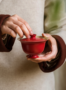 颜色釉牧渔全手工陶泥薄胎盖碗110ml景德镇复古故宫红色陶瓷茶具