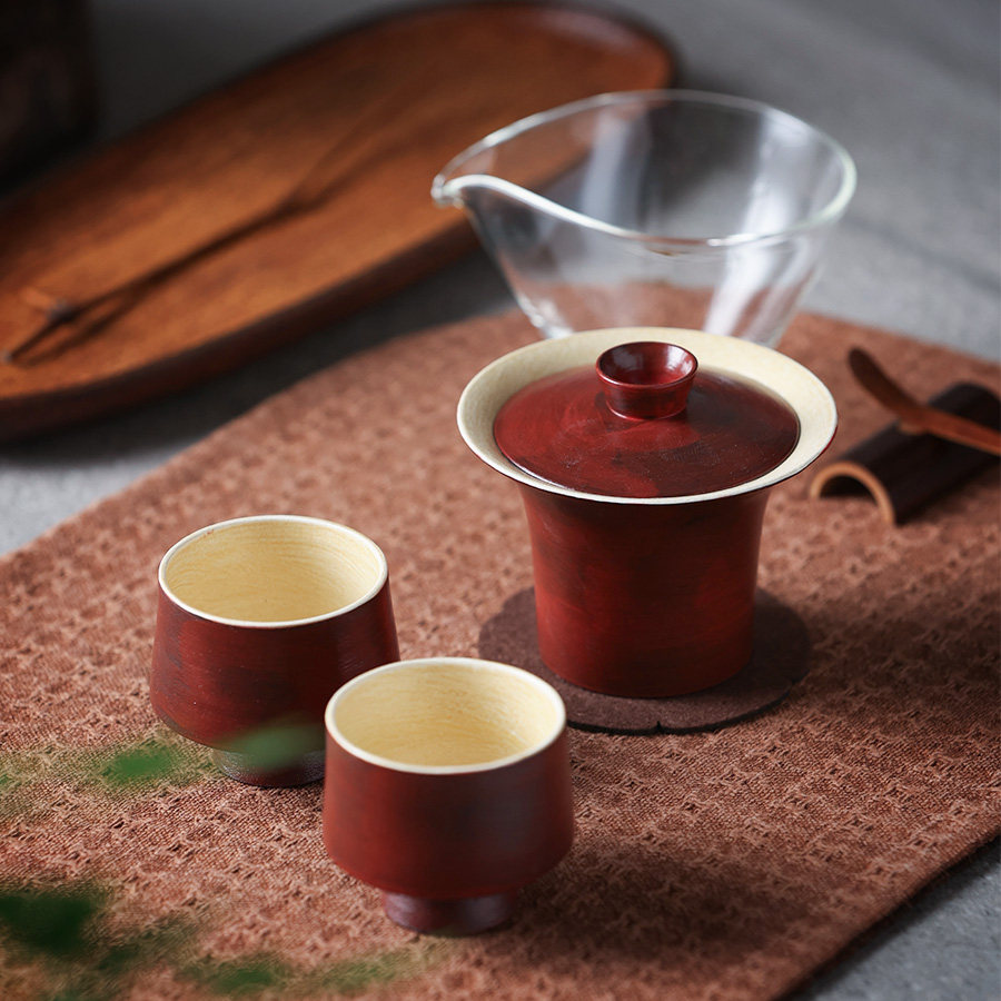 复古漆红盖碗景德镇粉引手绘