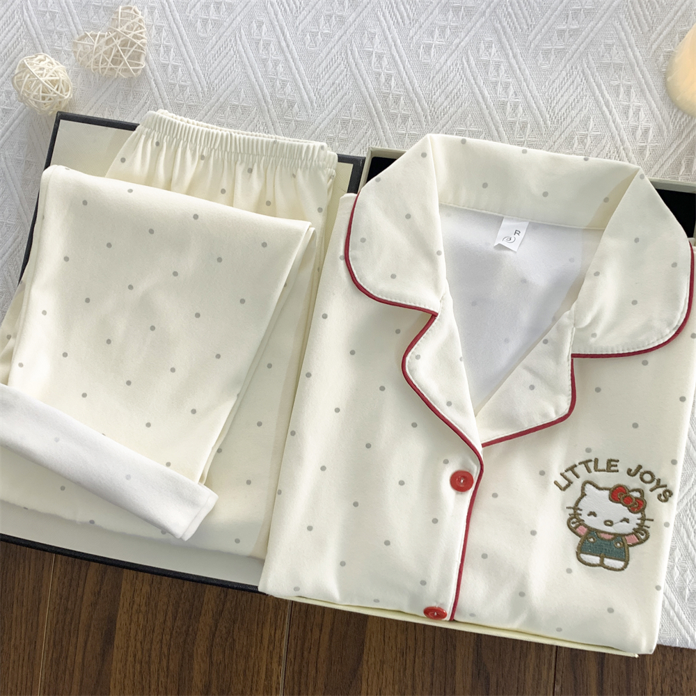 卡通KT猫德绒睡衣女甜美韩版可外穿刺绣简约加绒加厚可外穿家居服