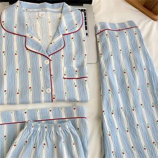 长裤 三件套纯棉短袖 短裤 短袖 可外穿仿棉家居服 云朵棉睡衣女夏新款